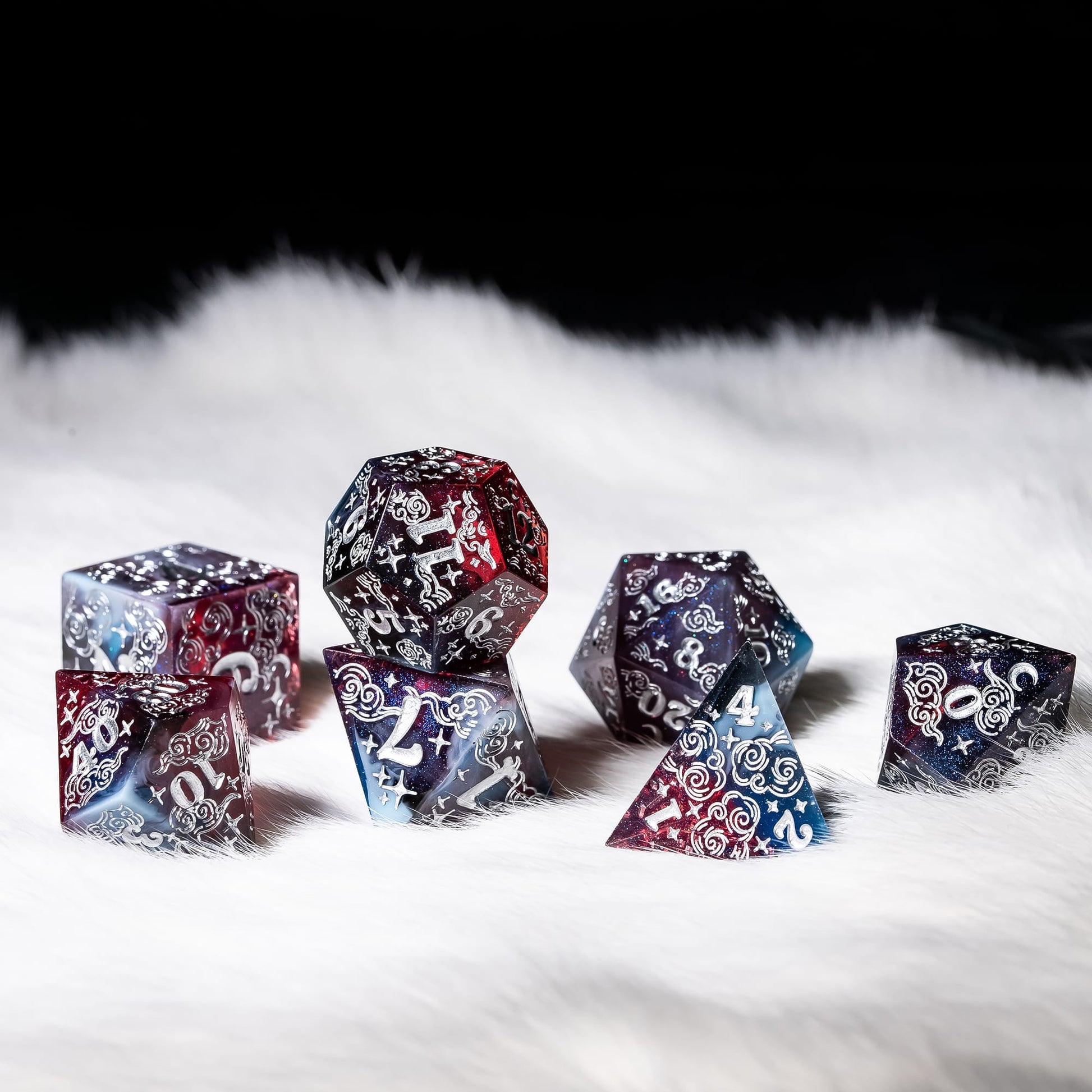 Dreamy Indigo Sky 7 Piece Dice Set – Sharp Edge Blue Burgundy Resin with Cloud and Moon Etching Dice Sets & Games Fennek and Finch