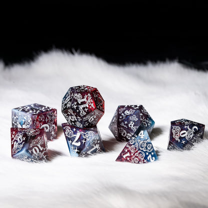 Dreamy Indigo Sky 7 Piece Dice Set – Sharp Edge Blue Burgundy Resin with Cloud and Moon Etching Dice Sets & Games Fennek and Finch