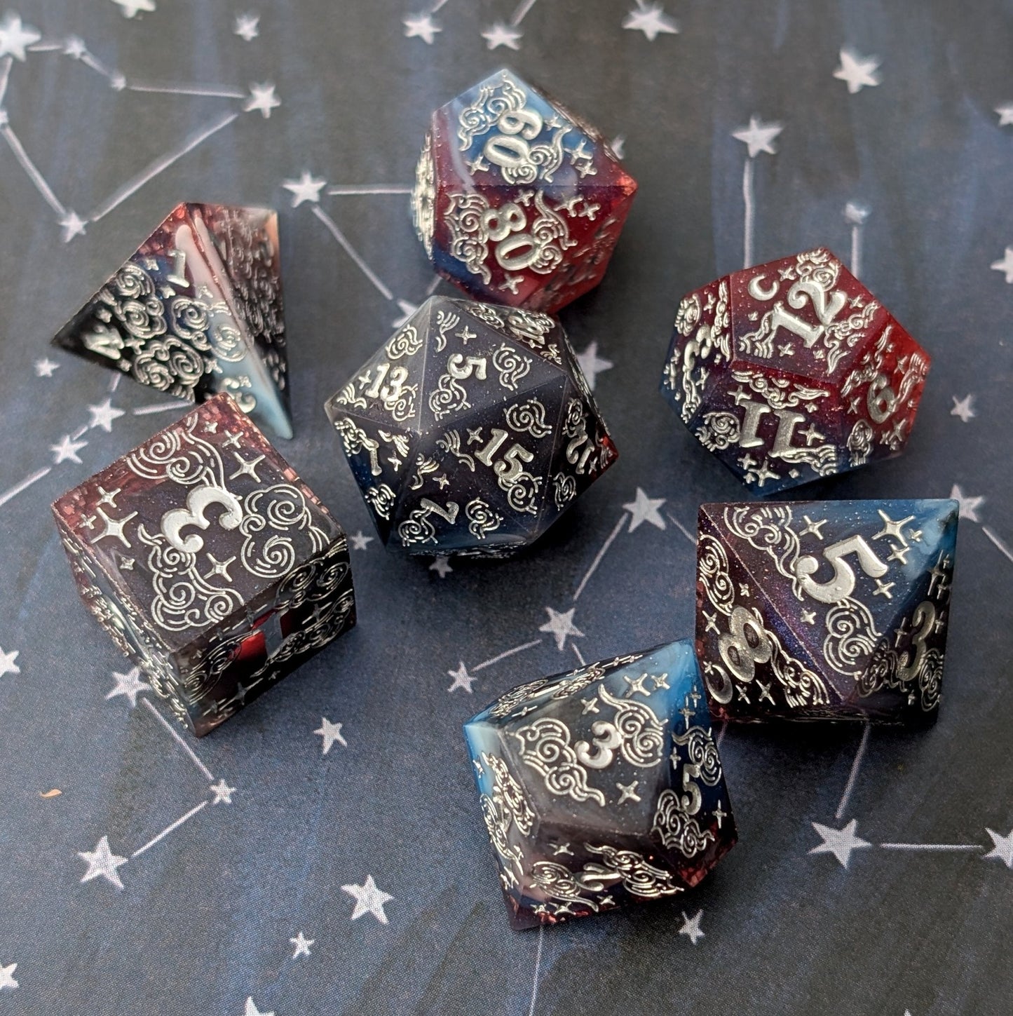 Dreamy Night Sky Dice Set – Sharp Edge Blue Burgundy Resin with Cloud and Moon Etching - Fennek and Finch