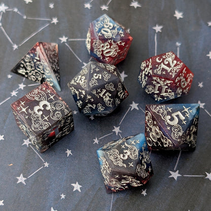 Dreamy Night Sky Dice Set – Sharp Edge Blue Burgundy Resin with Cloud and Moon Etching - Fennek and Finch