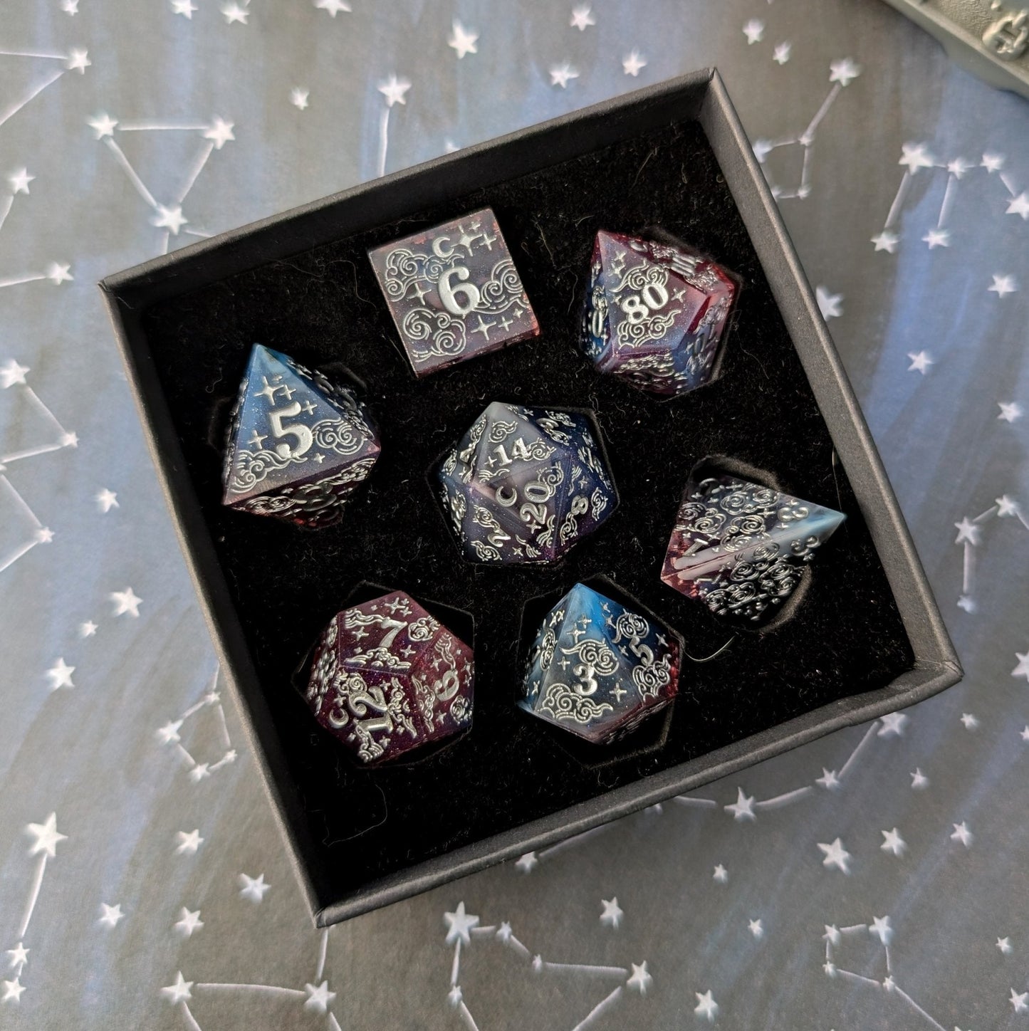 Dreamy Night Sky Dice Set – Sharp Edge Blue Burgundy Resin with Cloud and Moon Etching - Fennek and Finch