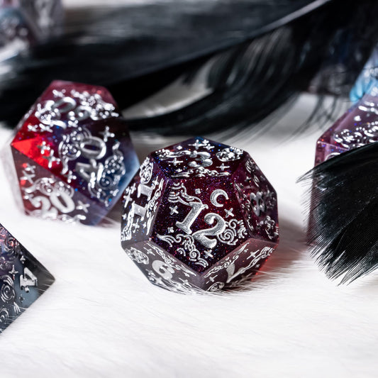 Dreamy Night Sky Dice Set – Sharp Edge Blue Burgundy Resin with Cloud and Moon Etching - Fennek and Finch