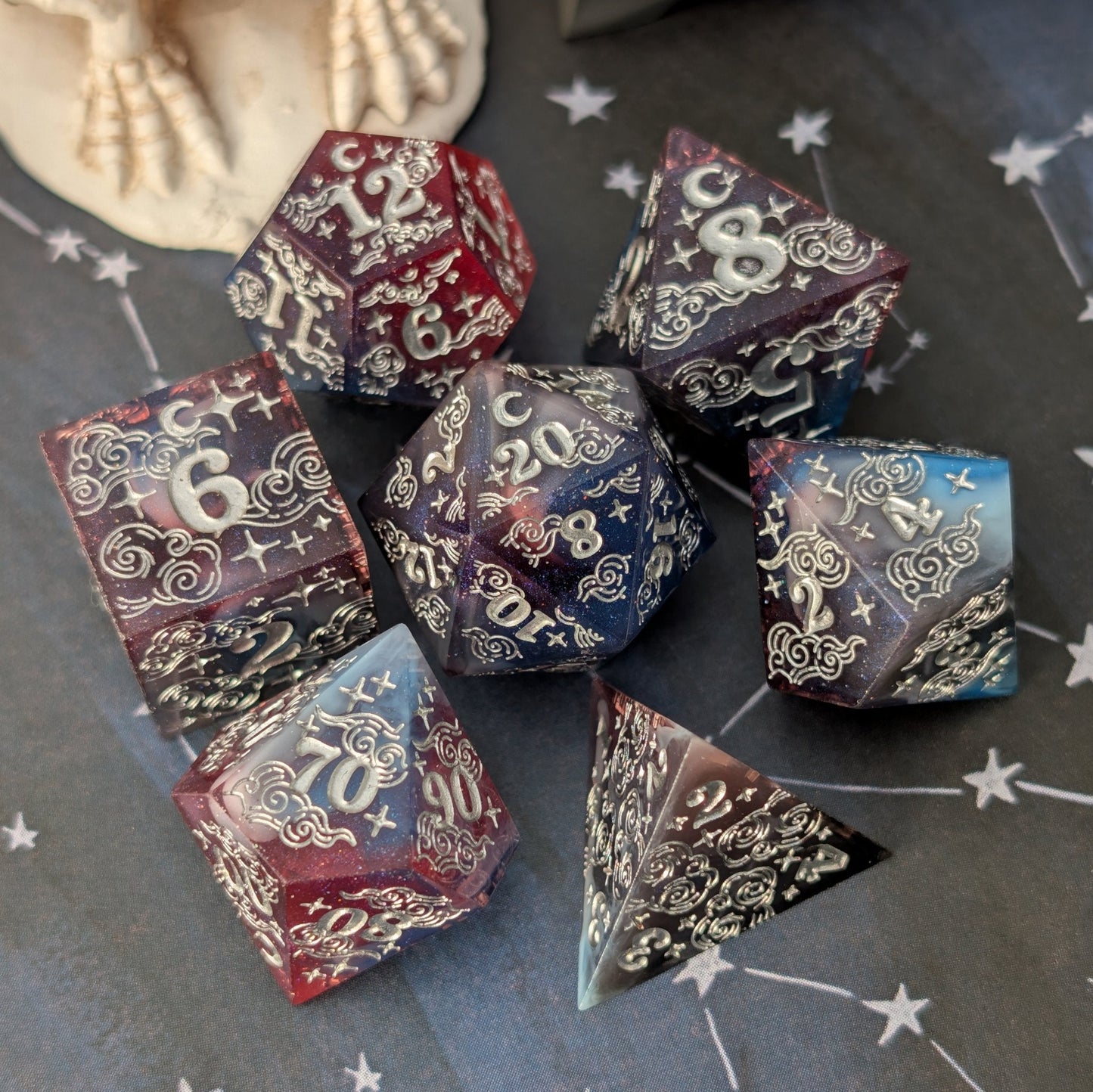 Dreamy Night Sky Dice Set – Sharp Edge Blue Burgundy Resin with Cloud and Moon Etching - Fennek and Finch