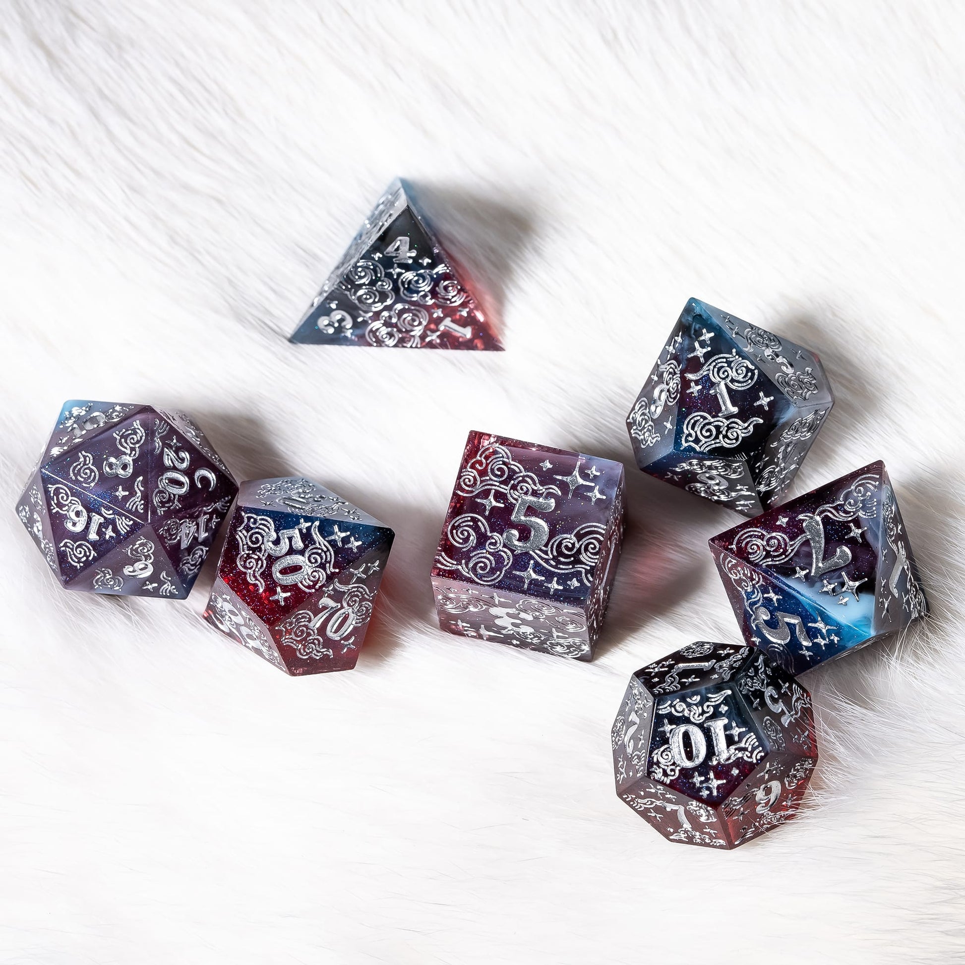 Dreamy Indigo Sky 7 Piece Dice Set – Sharp Edge Blue Burgundy Resin with Cloud and Moon Etching Dice Sets & Games Fennek and Finch
