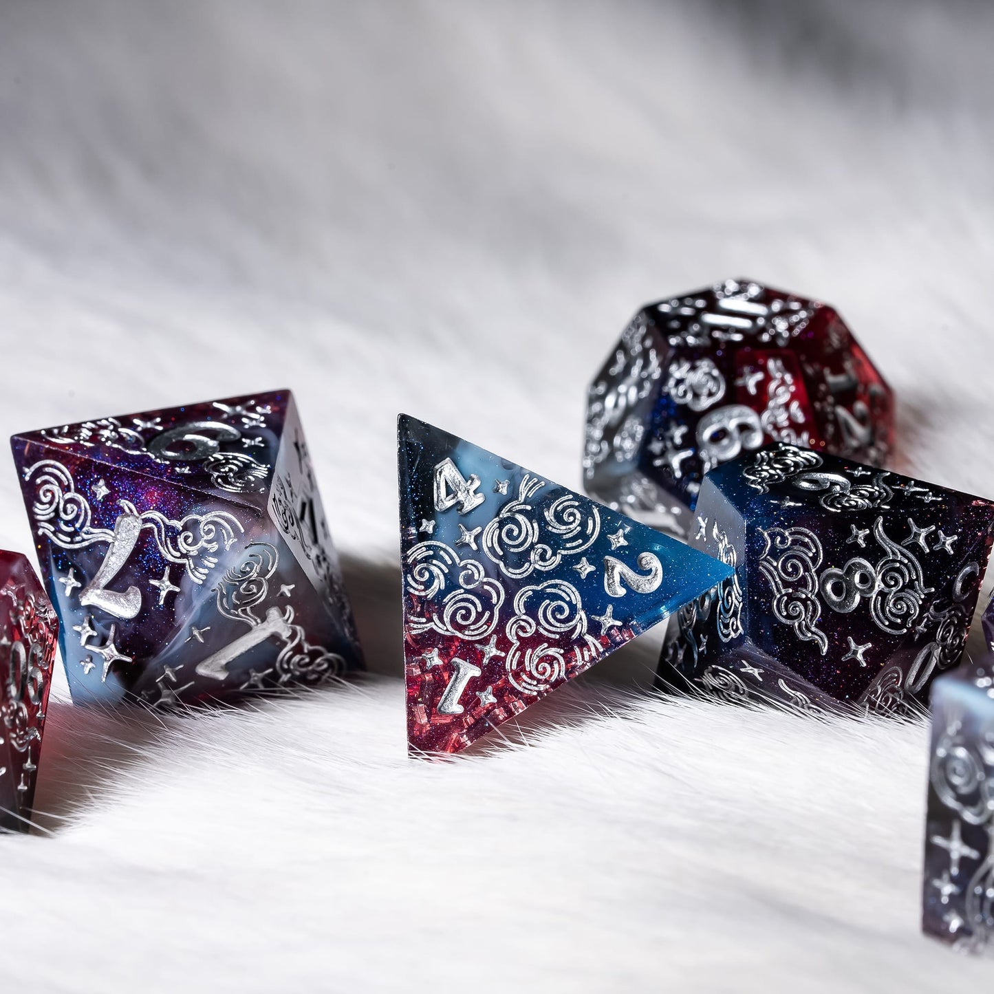 Dreamy Indigo Sky 7 Piece Dice Set – Sharp Edge Blue Burgundy Resin with Cloud and Moon Etching Dice Sets & Games Fennek and Finch