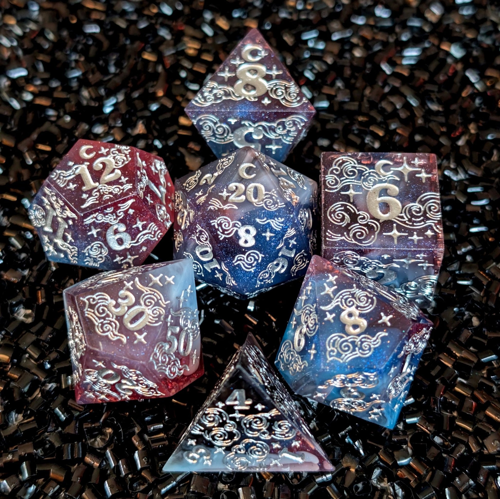 Dreamy Night Sky Dice Set – Sharp Edge Blue Burgundy Resin with Cloud and Moon Etching - Fennek and Finch