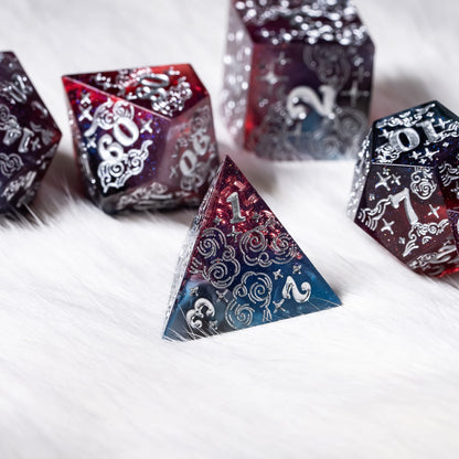 Dreamy Indigo Sky 7 Piece Dice Set – Sharp Edge Blue Burgundy Resin with Cloud and Moon Etching Dice Sets & Games Fennek and Finch