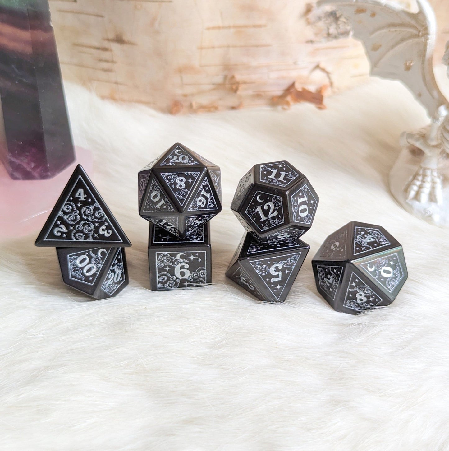 Dreamy Obsidian Dice Set – Black Glass Gemstone DnD Dice | Fennek & Finch - Fennek and Finch