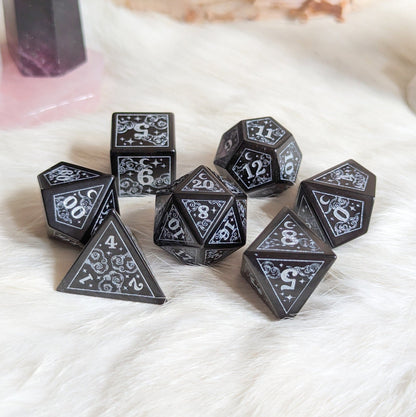 Dreamy Obsidian Dice Set – Black Glass Gemstone DnD Dice | Fennek & Finch - Fennek and Finch