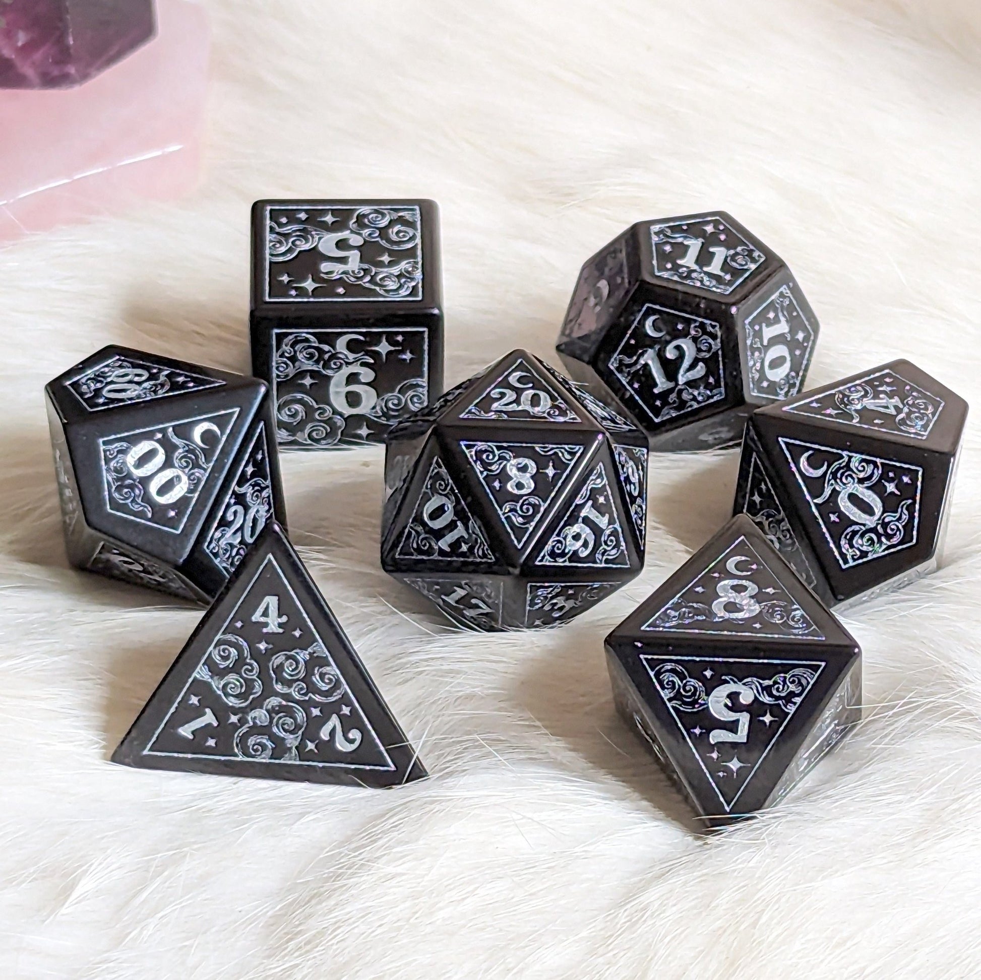 Dreamy Obsidian Dice Set – Black Glass Gemstone DnD Dice | Fennek & Finch - Fennek and Finch