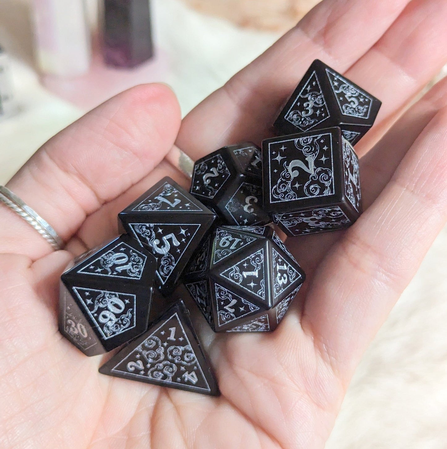 Dreamy Obsidian Dice Set – Black Glass Gemstone DnD Dice | Fennek & Finch - Fennek and Finch