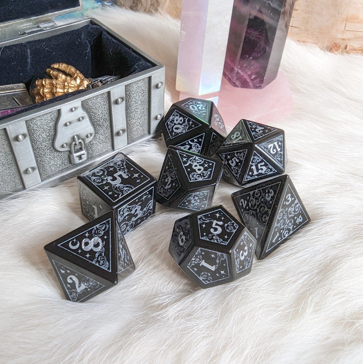 Dreamy Obsidian Dice Set – Black Glass Gemstone DnD Dice | Fennek & Finch - Fennek and Finch
