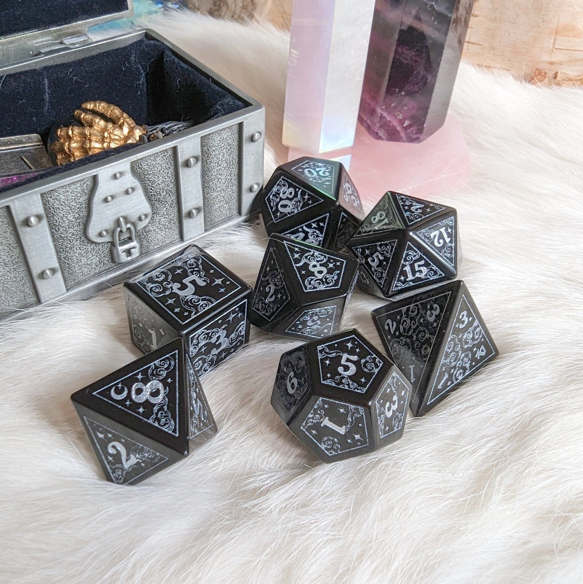 Dreamy Obsidian Dice Set – Black Glass Gemstone DnD Dice | Fennek & Finch - Fennek and Finch