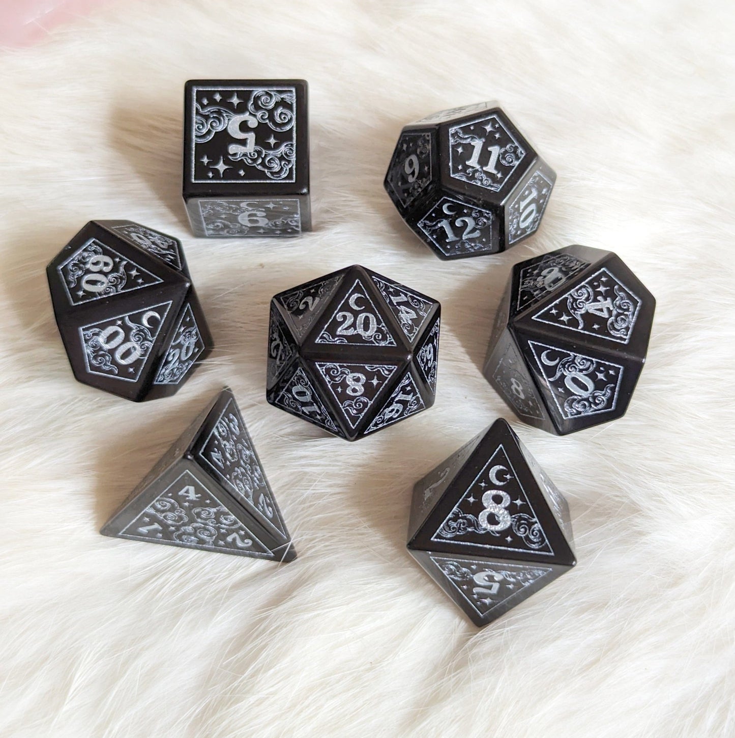 Dreamy Obsidian Dice Set – Black Glass Gemstone DnD Dice | Fennek & Finch - Fennek and Finch
