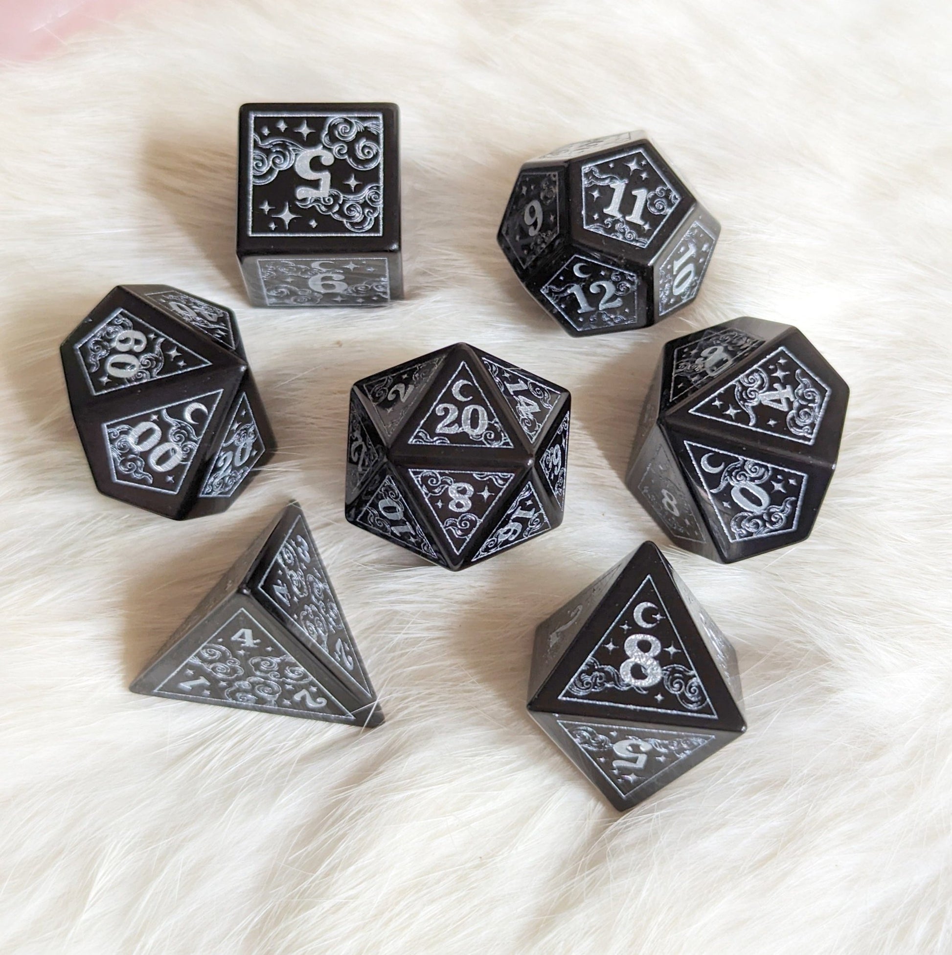 Dreamy Obsidian Dice Set – Black Glass Gemstone DnD Dice | Fennek & Finch - Fennek and Finch