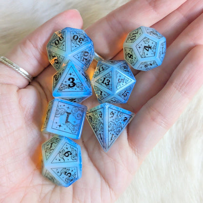 Dreamy Opalite Dice Set – Gemstone DnD Dice with Black Font | Fennek & Finch Dice Sets & Games Fennek and Finch