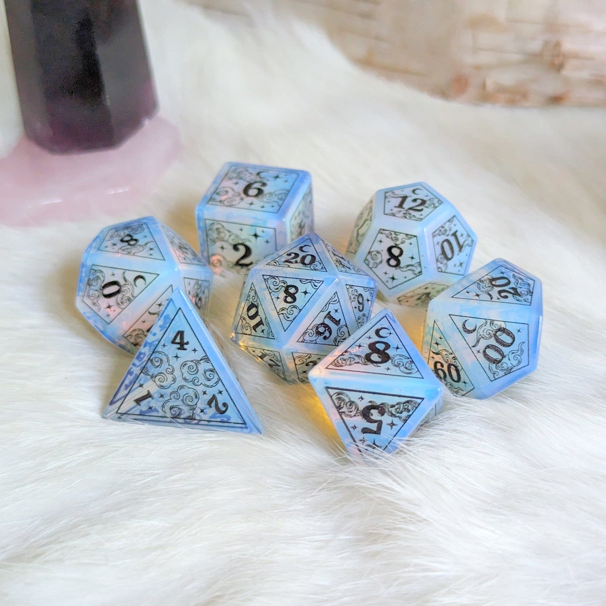 Dreamy Opalite Dice Set – Gemstone DnD Dice with Black Font | Fennek & Finch Dice Sets & Games Fennek and Finch