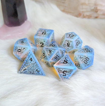 Dreamy Opalite Dice Set – Gemstone DnD Dice with Black Font | Fennek & Finch Dice Sets & Games Fennek and Finch