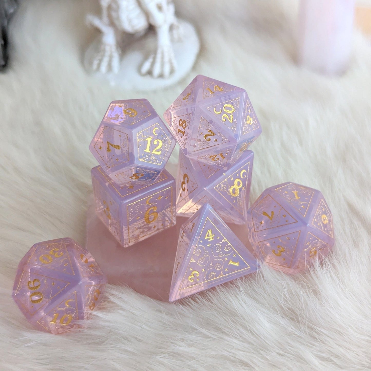 Dreamy Purple Opalite Dice Set – 7 - Piece Gemstone DnD Dice with Gold Celestial Symbols | Fennek & Finch - Fennek and Finch