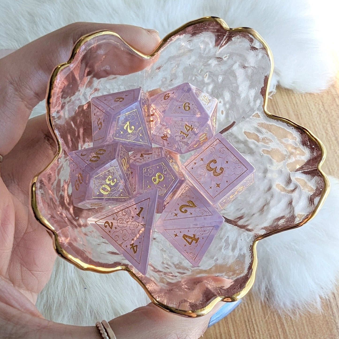 Dreamy Purple Opalite Dice Set – 7 - Piece Gemstone DnD Dice with Gold Celestial Symbols | Fennek & Finch - Fennek and Finch