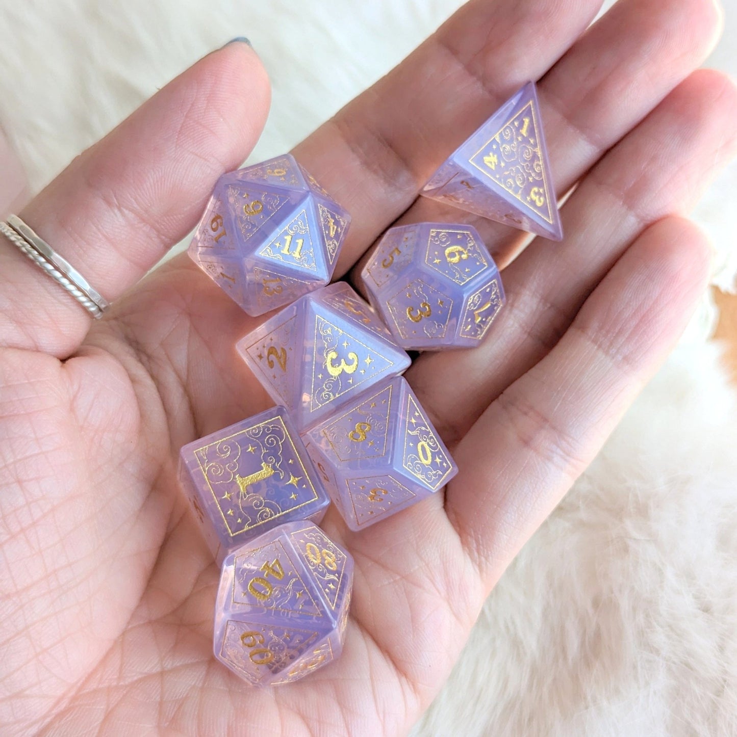 Dreamy Purple Opalite Dice Set – 7 - Piece Gemstone DnD Dice with Gold Celestial Symbols | Fennek & Finch - Fennek and Finch