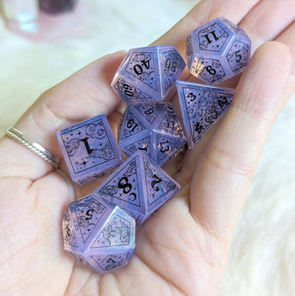 Dreamy Purple Opalite Dice Set – Gemstone DnD Dice with Black Font | Fennek & Finch Dice Sets & Games Fennek and Finch