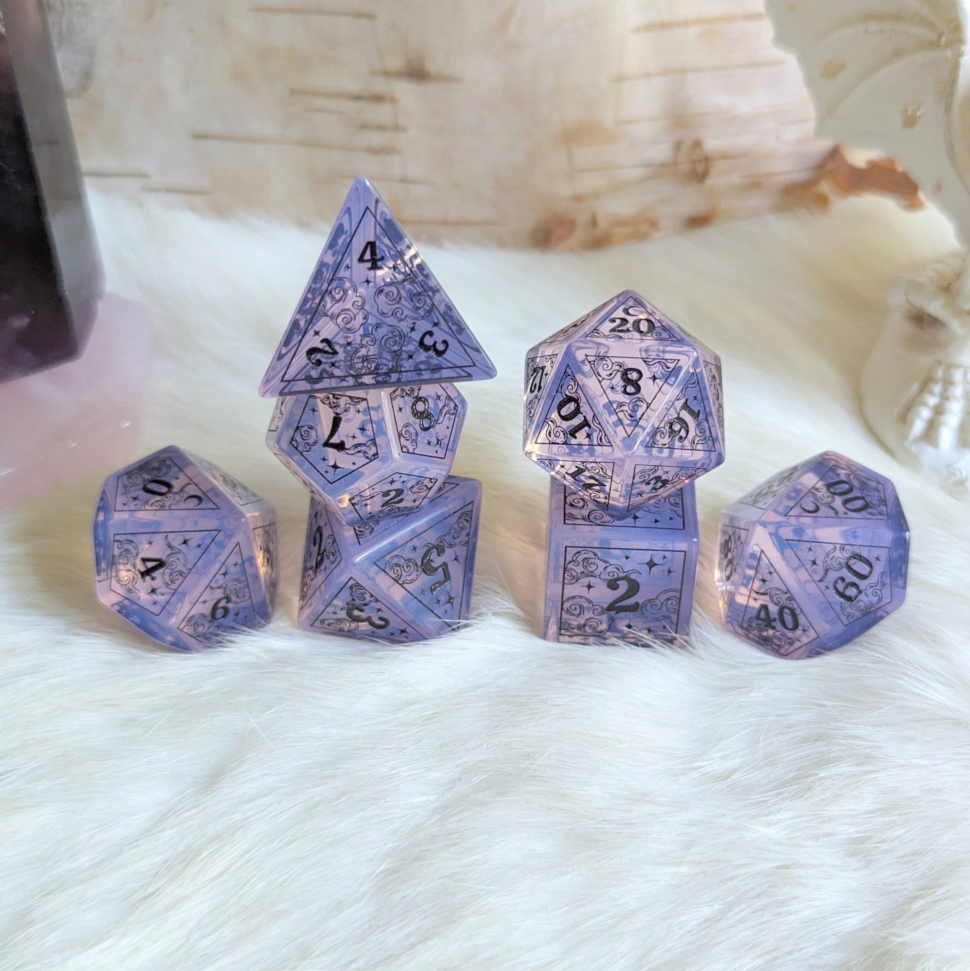 Dreamy Purple Opalite Dice Set – Gemstone DnD Dice with Black Font | Fennek & Finch Dice Sets & Games Fennek and Finch