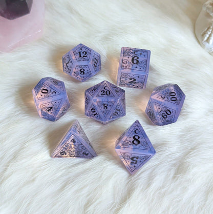 Dreamy Purple Opalite Dice Set – Gemstone DnD Dice with Black Font | Fennek & Finch Dice Sets & Games Fennek and Finch