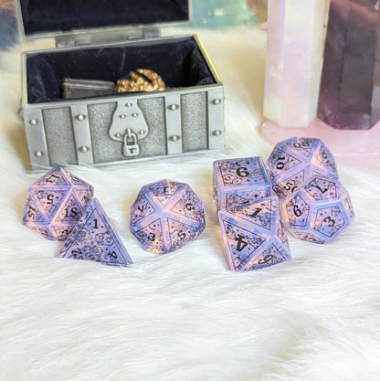 Dreamy Purple Opalite Dice Set – Gemstone DnD Dice with Black Font | Fennek & Finch Dice Sets & Games Fennek and Finch