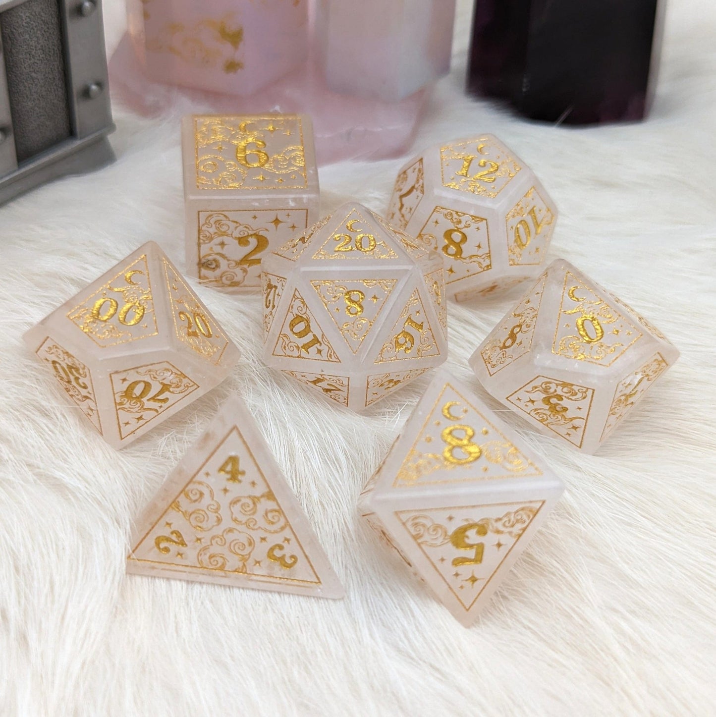 Dreamy Quartz Dice Set – Cloud and Moon Engraved Gemstone DnD Dice with Gold Font | Fennek & Finch - Fennek and Finch