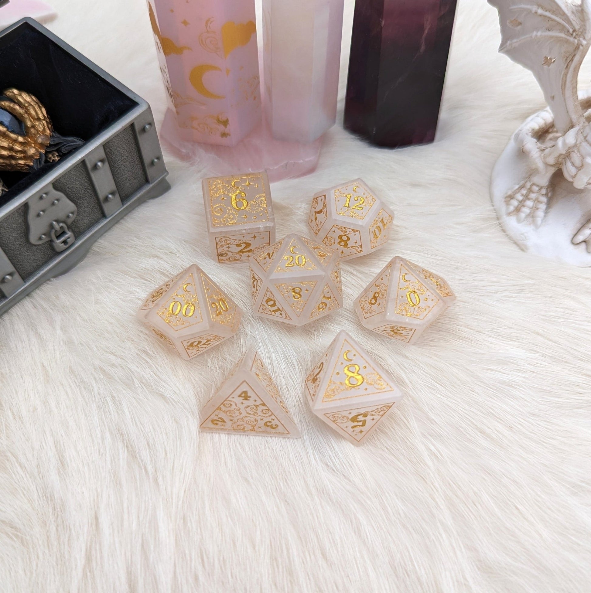 Dreamy Quartz Dice Set – Cloud and Moon Engraved Gemstone DnD Dice with Gold Font | Fennek & Finch - Fennek and Finch