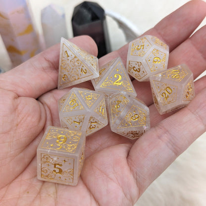 Dreamy Quartz Dice Set – Cloud and Moon Engraved Gemstone DnD Dice with Gold Font | Fennek & Finch - Fennek and Finch