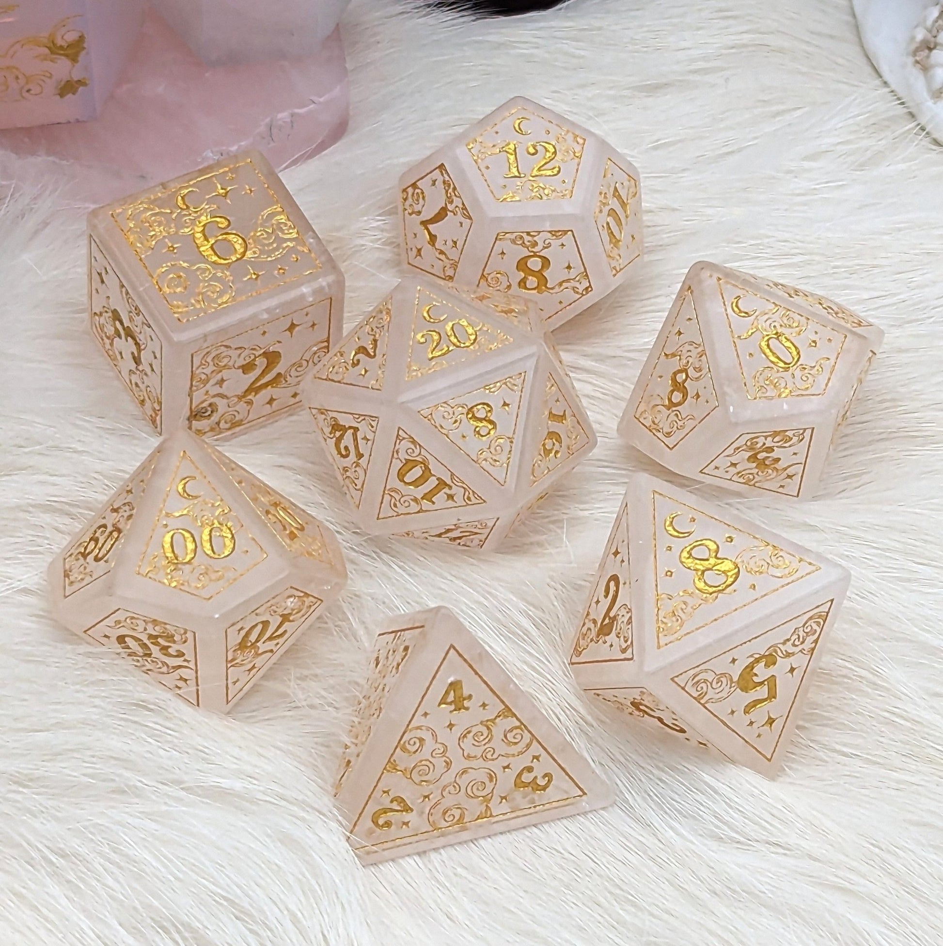 Dreamy Quartz Dice Set – Cloud and Moon Engraved Gemstone DnD Dice with Gold Font | Fennek & Finch - Fennek and Finch