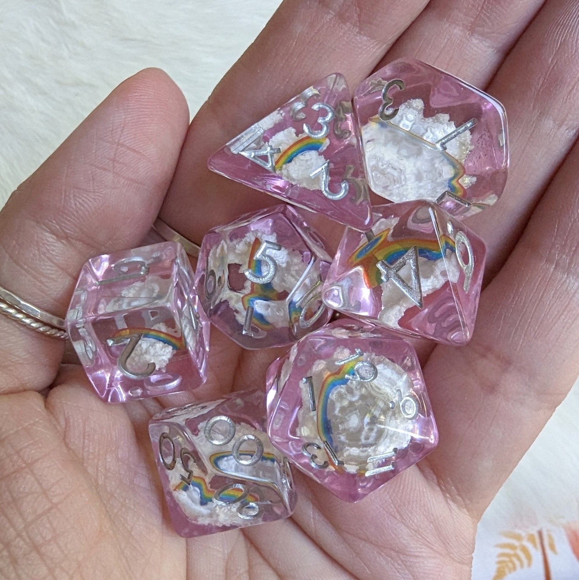 Dreamy Rainbows and Clouds Dice Set – 7 - Piece Clear Purple DnD Dice | Fennek & Finch - Fennek and Finch