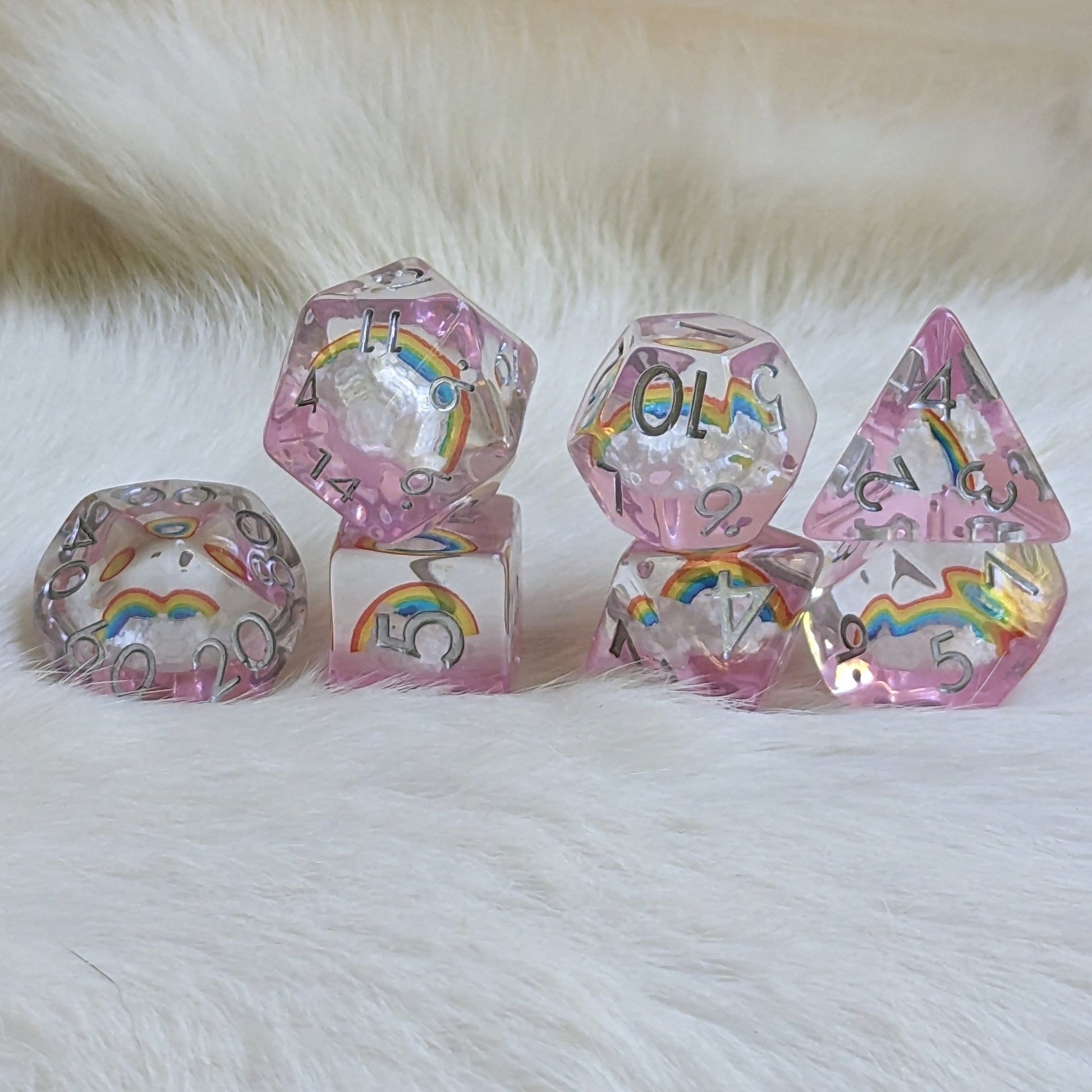 Dreamy Rainbows and Clouds Dice Set – 7 - Piece Clear Purple DnD Dice | Fennek & Finch - Fennek and Finch
