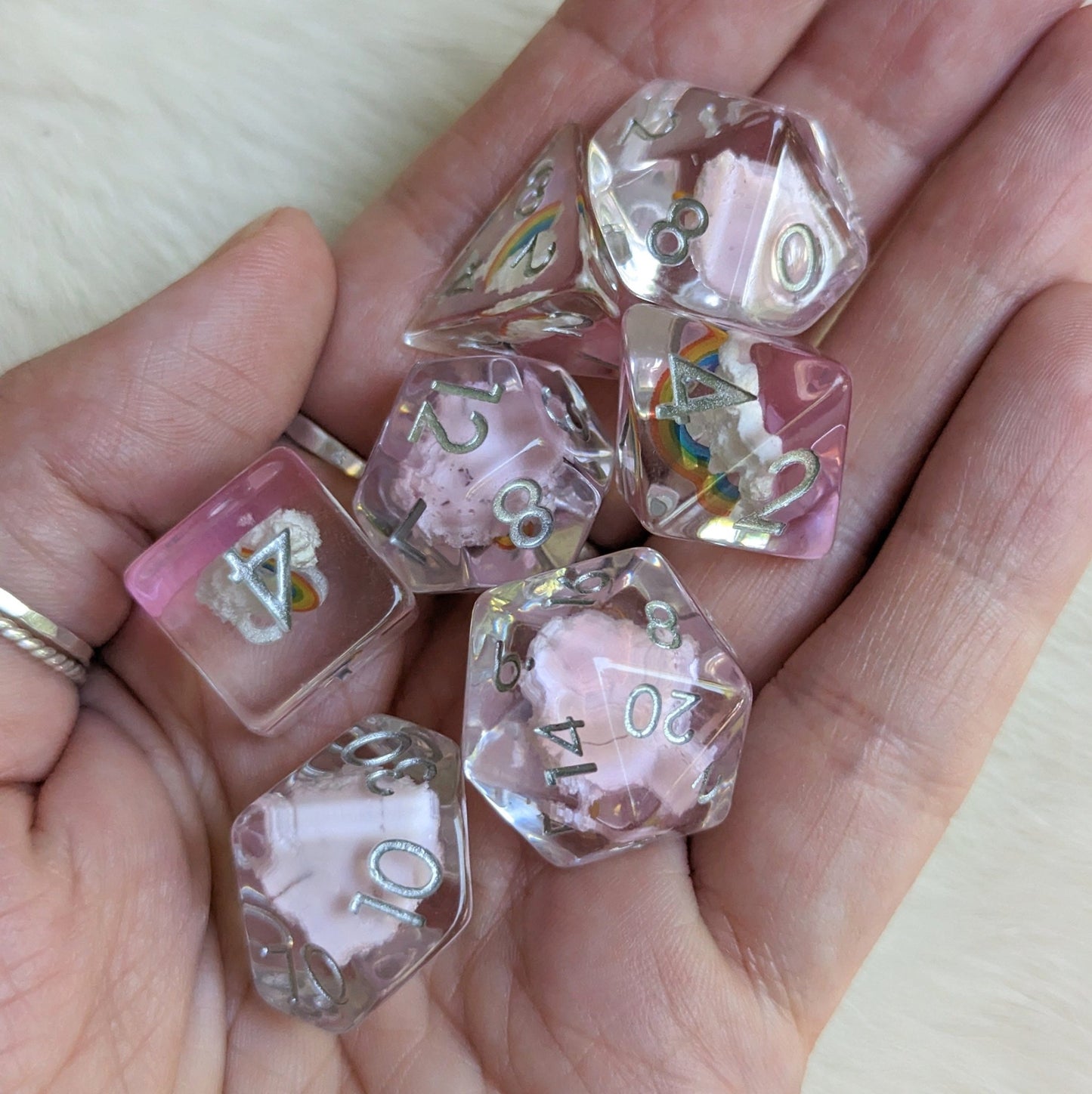 Dreamy Rainbows and Clouds Dice Set – 7 - Piece Clear Purple DnD Dice | Fennek & Finch - Fennek and Finch
