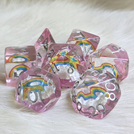 Dreamy Rainbows and Clouds Dice Set – 7 - Piece Clear Purple DnD Dice | Fennek & Finch - Fennek and Finch