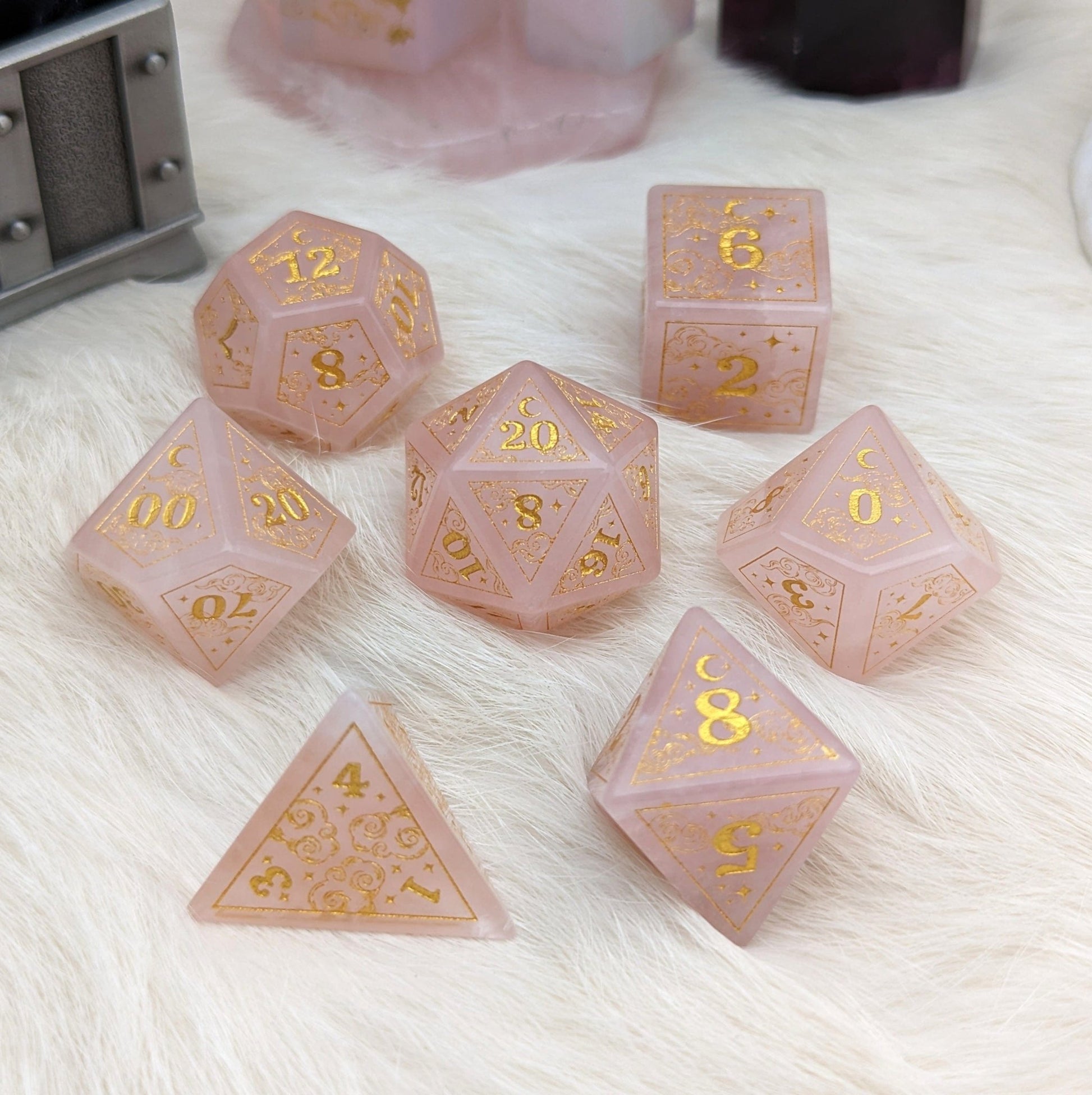 Dreamy Rose Quartz Dice Set – Cloud and Moon Engraved Gemstone DnD Dice | Fennek & Finch Dice Sets & Games Fennek and Finch