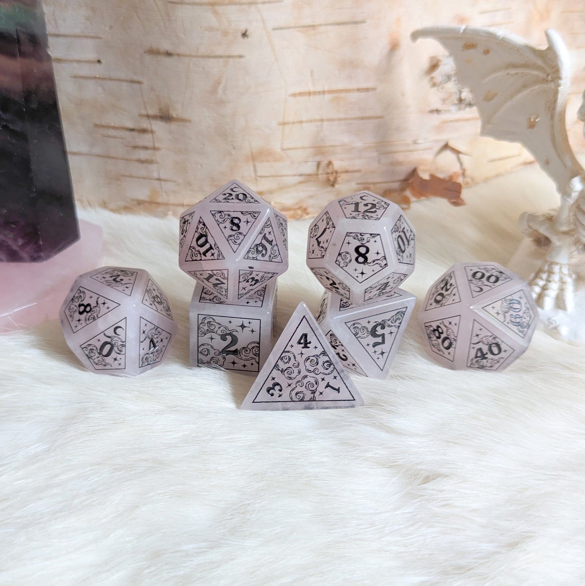 Dreamy Rose Quartz Gemstone Dice Set – Pink Stone DnD Dice | Fennek & Finch Dice Sets & Games Fennek and Finch