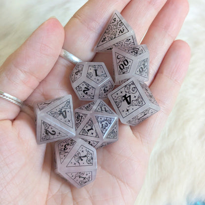 Dreamy Rose Quartz Gemstone Dice Set – Pink Stone DnD Dice | Fennek & Finch Dice Sets & Games Fennek and Finch