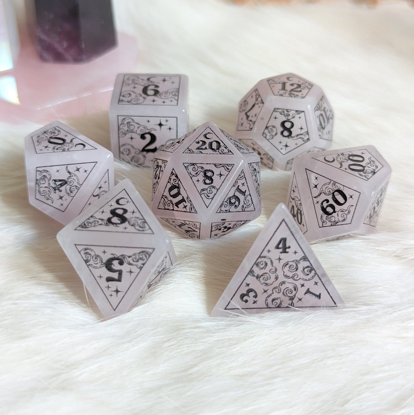 Dreamy Rose Quartz Gemstone Dice Set – Pink Stone DnD Dice | Fennek & Finch Dice Sets & Games Fennek and Finch