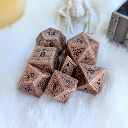 Dreamy Rosewood Engraved Dice Set – 7 - Piece Wooden Cloud Moon DnD Dice - Fennek and Finch