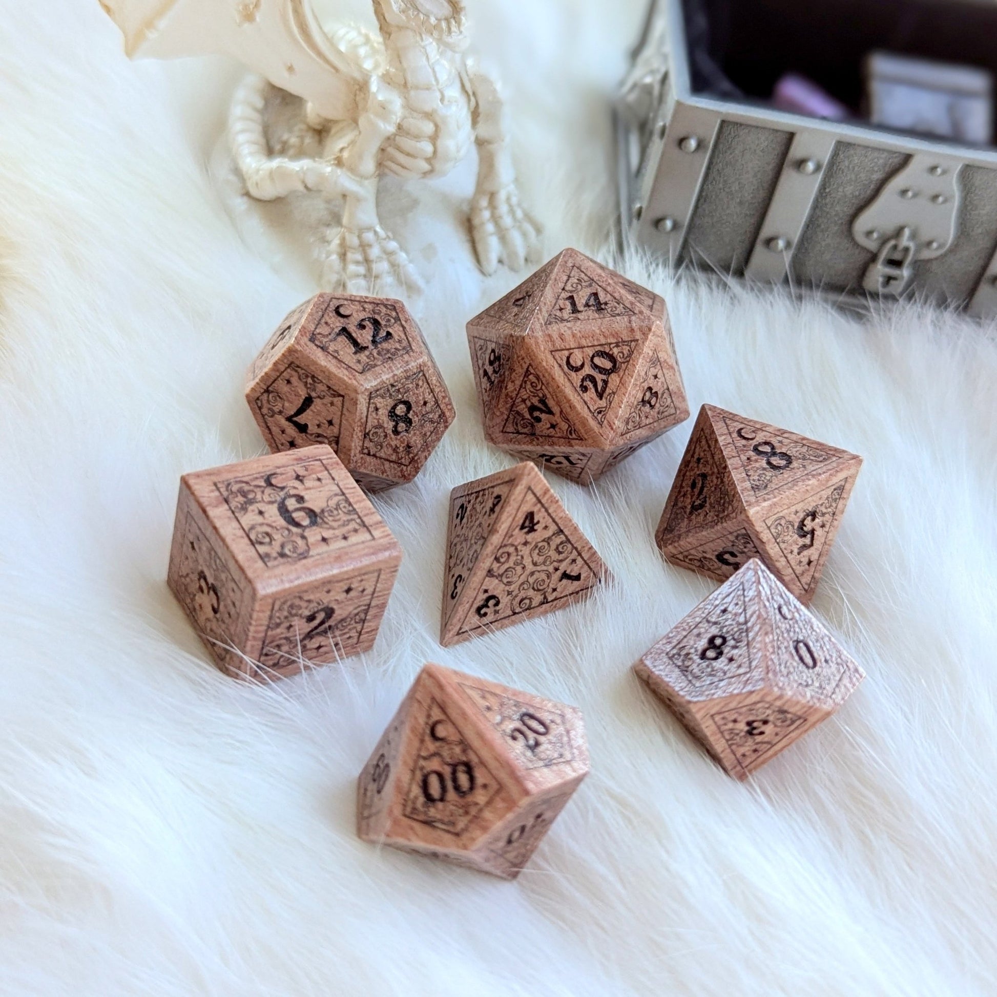 Dreamy Rosewood Engraved Dice Set – 7 - Piece Wooden Cloud Moon DnD Dice - Fennek and Finch
