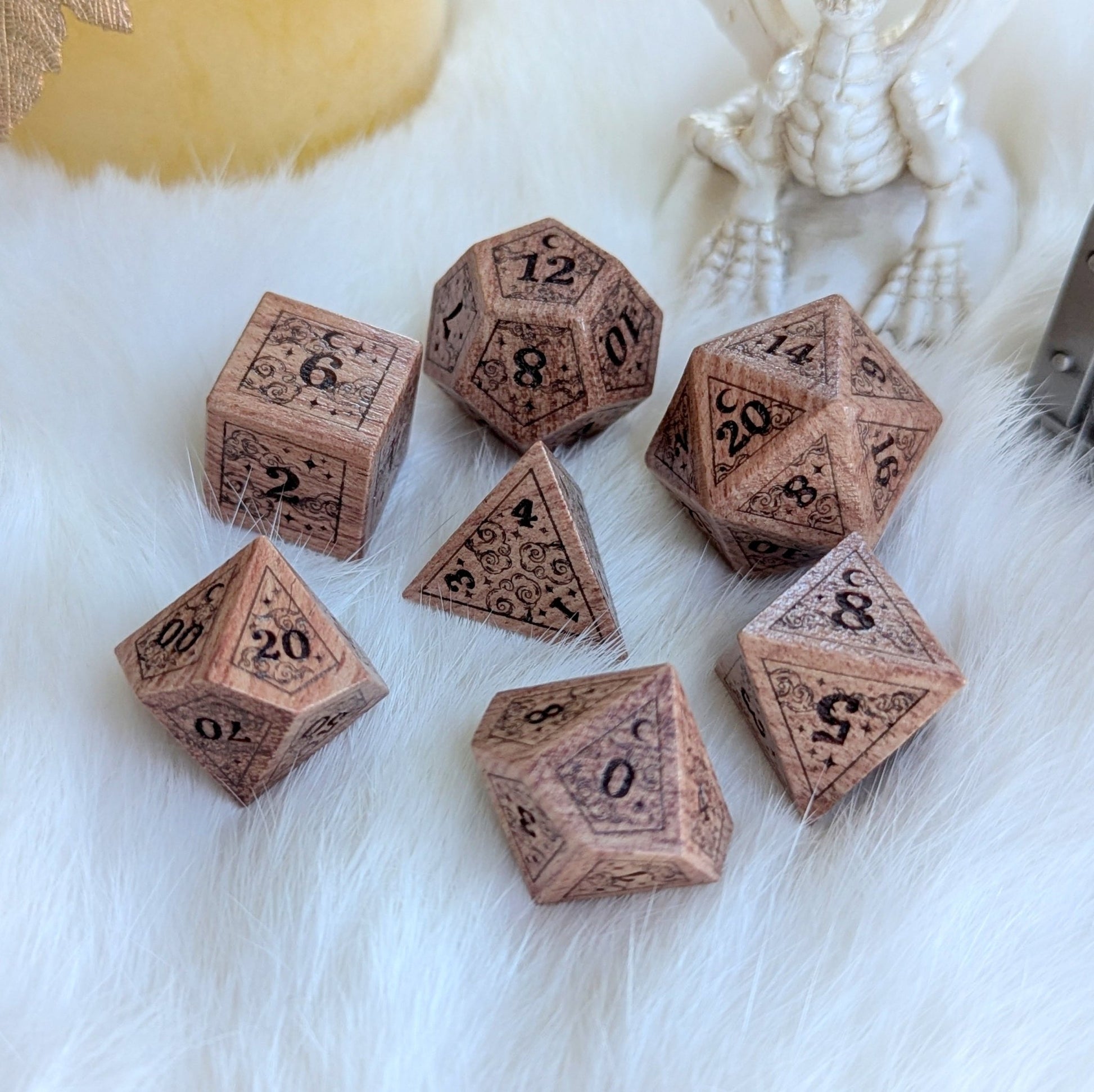 Dreamy Rosewood Engraved Dice Set – 7 - Piece Wooden Cloud Moon DnD Dice - Fennek and Finch