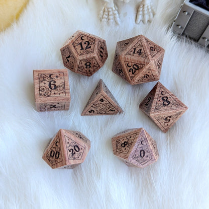 Dreamy Rosewood Engraved Dice Set – 7 - Piece Wooden Cloud Moon DnD Dice - Fennek and Finch