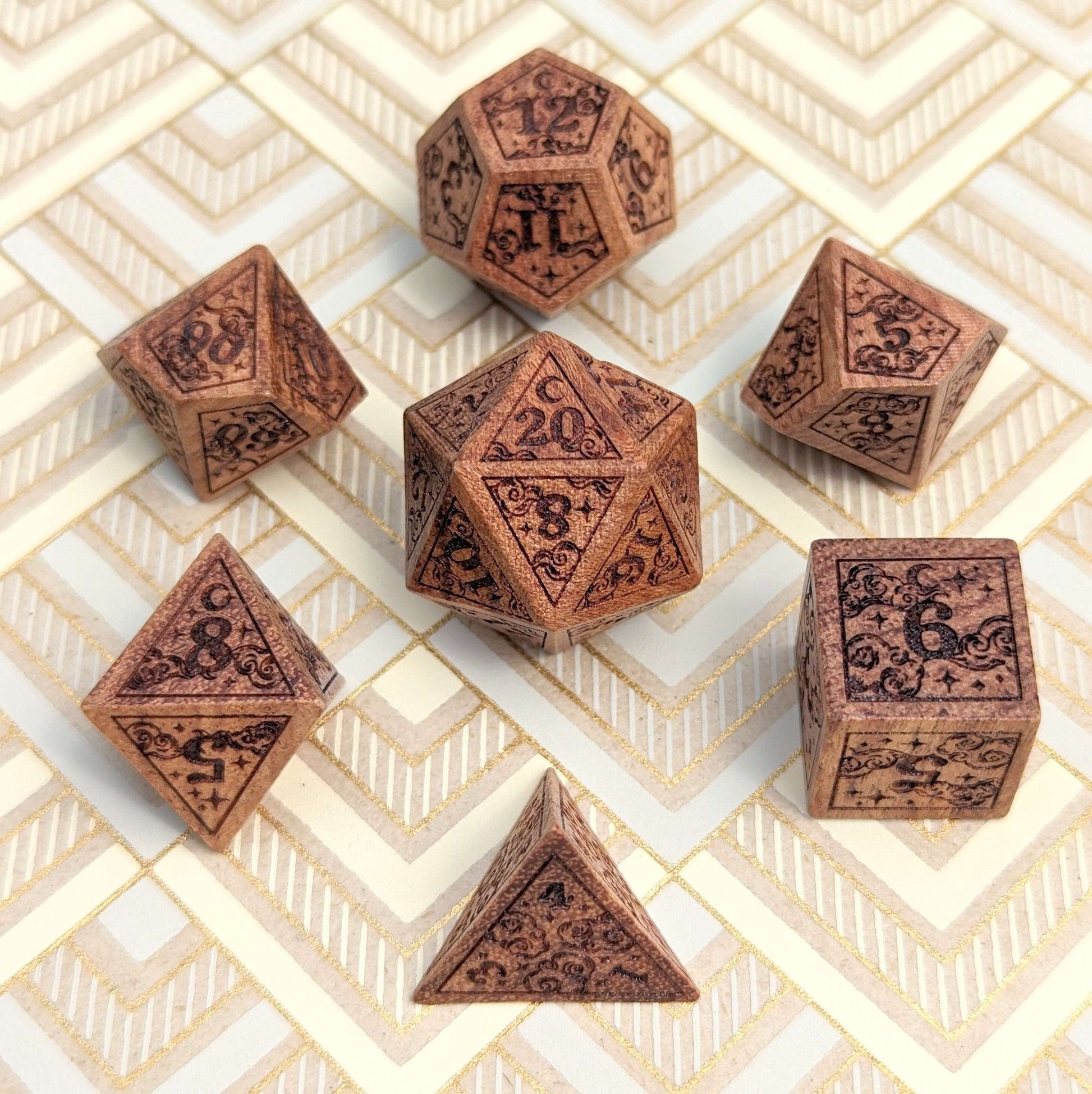 Dreamy Star and Moon Wood Dice Set with engraved clouds, stars, and moons for Dungeons & Dragons, featuring seven essential DnD dice.