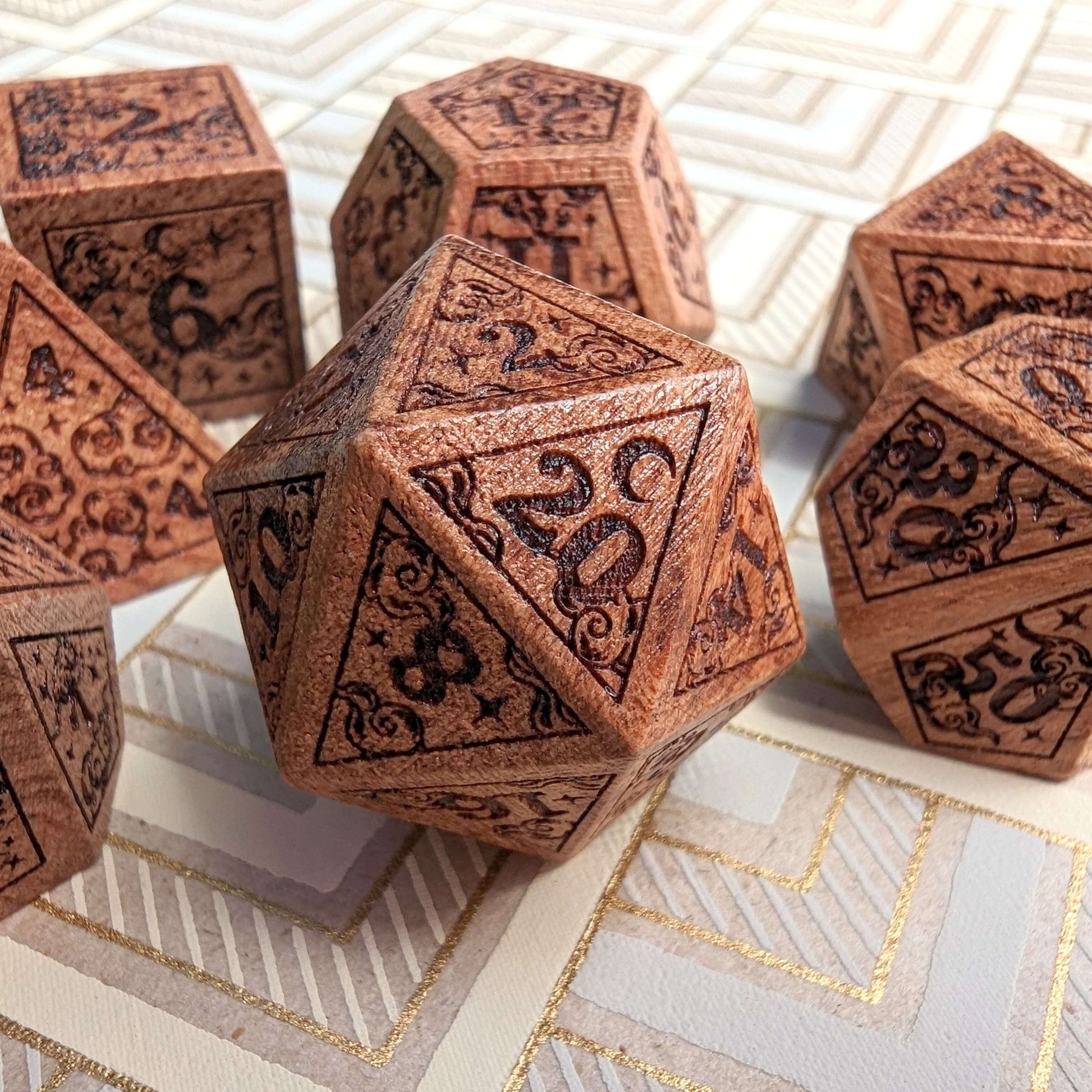 Dreamy Star and Moon Wood Dice Set for Dungeons & Dragons with intricate celestial designs, featuring D20, D12, and more.