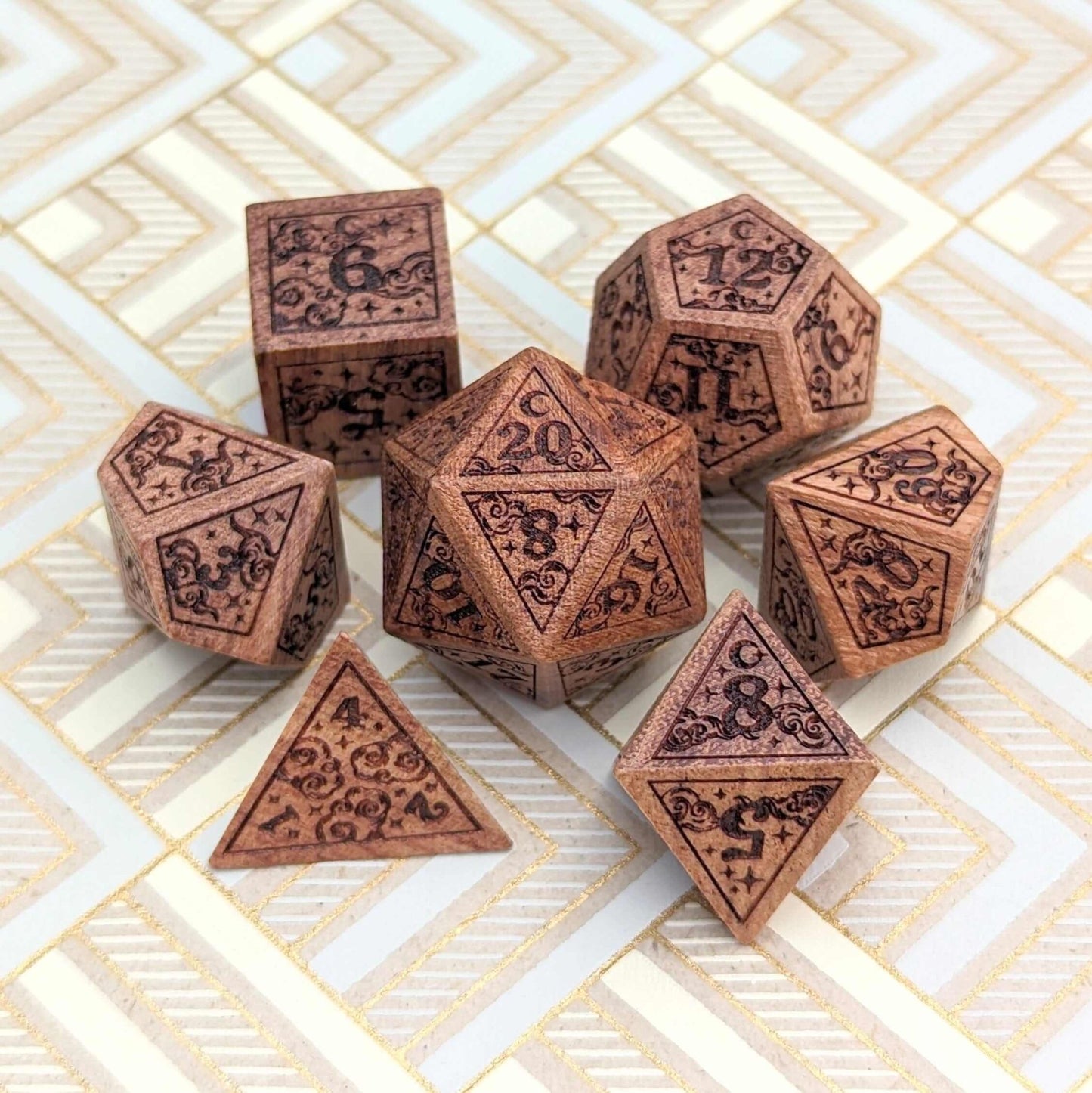 Dreamy Star and Moon Wood Dice Set – 7 - Piece Engraved Wooden DnD Dice | Fennek & Finch - Fennek and Finch