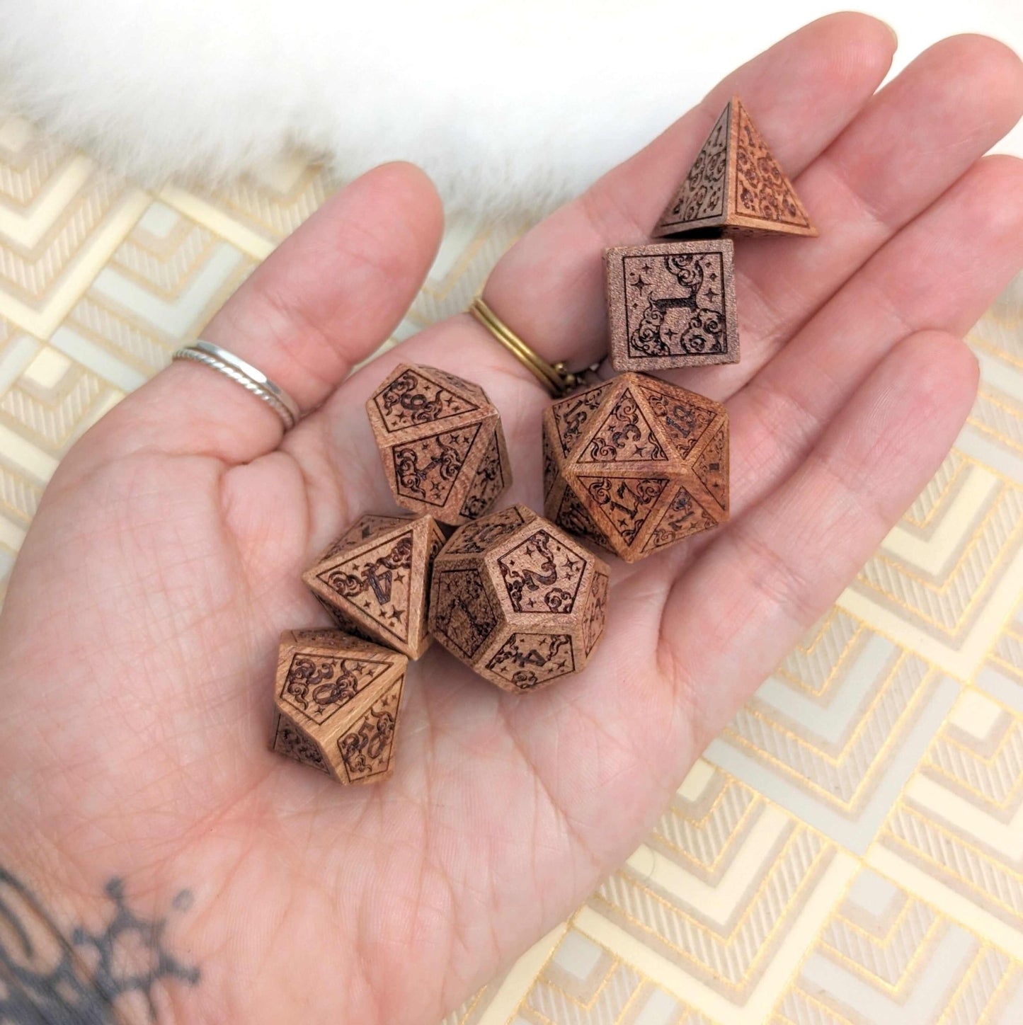 Dreamy Star and Moon Wood Dice Set – 7 - Piece Engraved Wooden DnD Dice | Fennek & Finch - Fennek and Finch