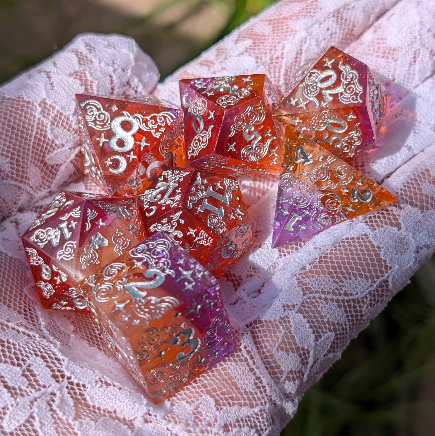 Dreamy Sunset Bloom – Sharp Edge Resin Dice Set with Floral Inclusions | Fennek & Finch - Fennek and Finch